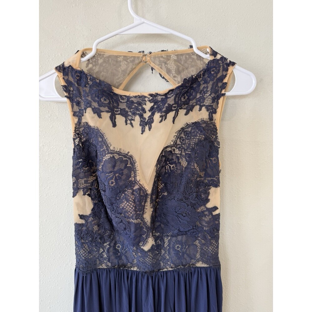 Sherri Hill Prom Dress Women’s 12 Dark Blue Beige Maxi Long Sleeveless Sheer - Picture 3 of 7